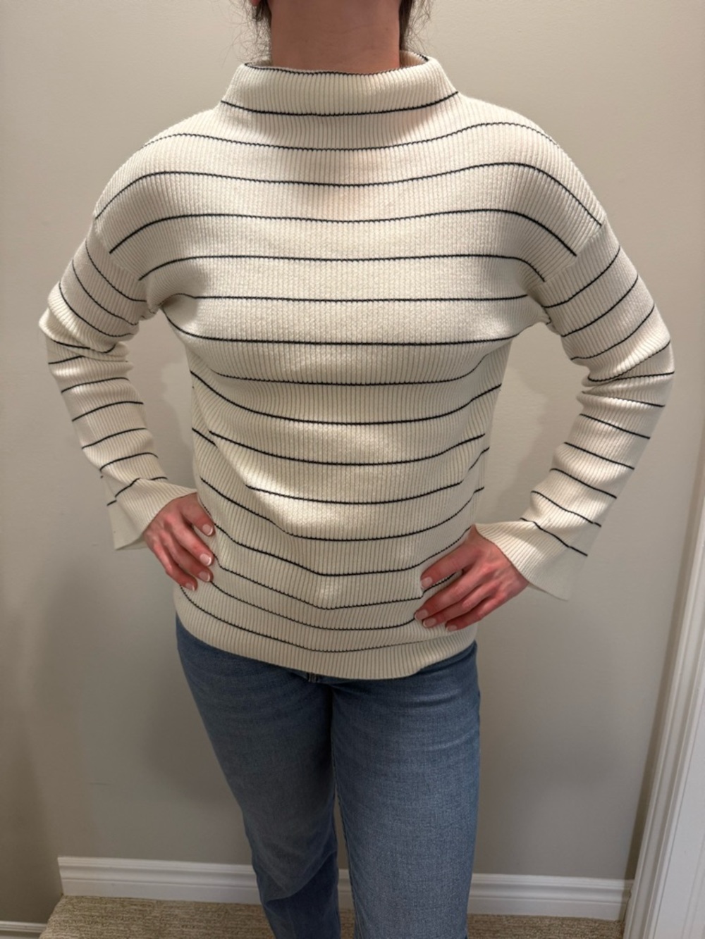 Cotton On Cream Ribbed Turtleneck Sweater with Black Stripes